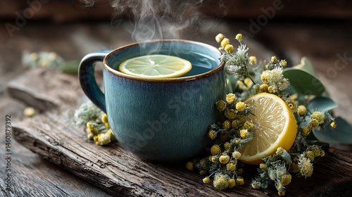 Steaming herbal tea with lemon slice rests on wood