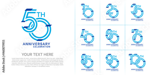 Anniversary set design with double line number. blue color with confetti for celebration event