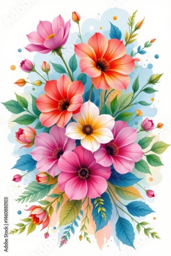 watercolor painting of a vibrant bouquet of blossoms with plenty of room for text or other graphics on top, no people.