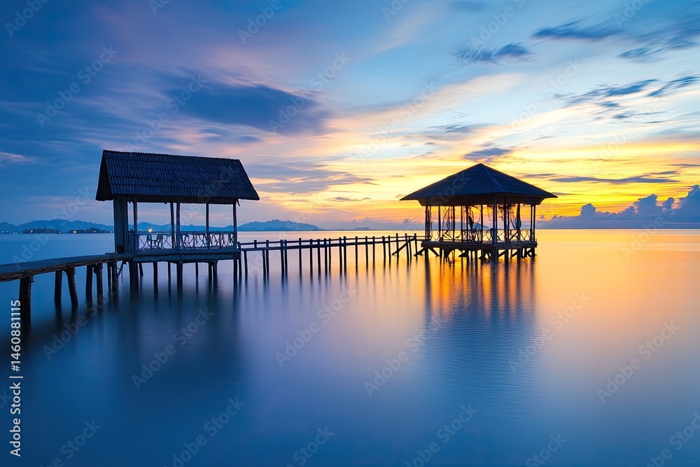 Peaceful sunset over tranquil water with wooden gazebo on pier Peaceful sunset over tranquil water with wooden gazebo on pier