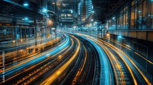 Industrial Train Tracks at Night with Light Streaks Long Exposure View of Urban Transportation Infrastructure