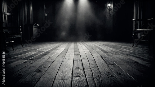 A monochrome image depicts a dimly lit room with two wooden chairs flanking a wide, worn wooden floor, highlighted by spotlights creating a dramatic, atmospheric scene.