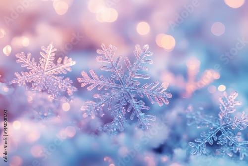 Pastel-colored snowflakes scattered across a softly blurred background, illuminated by delicate bokeh lights, Generative AI