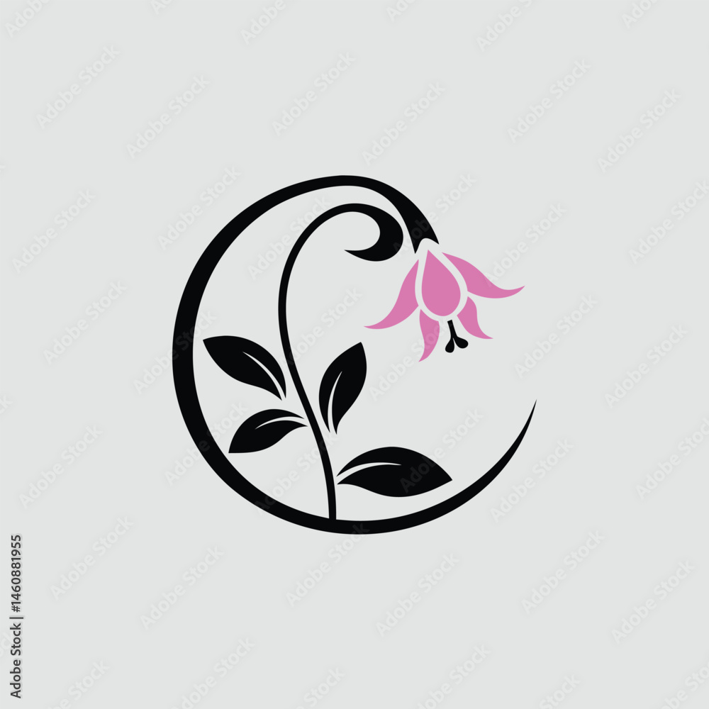 Naklejka premium Elegant pink flower with black leaves and decorative circle design on a light gray background