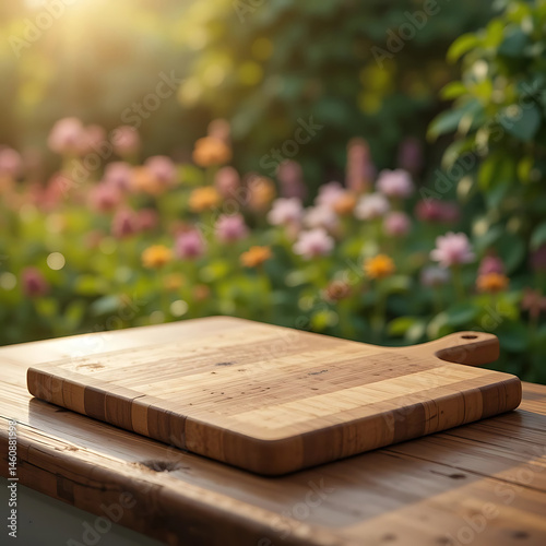 Selective focus. End grain wood counter top with cutting board on blur greeny flower garden in morning with nature light  wooden table and flowers