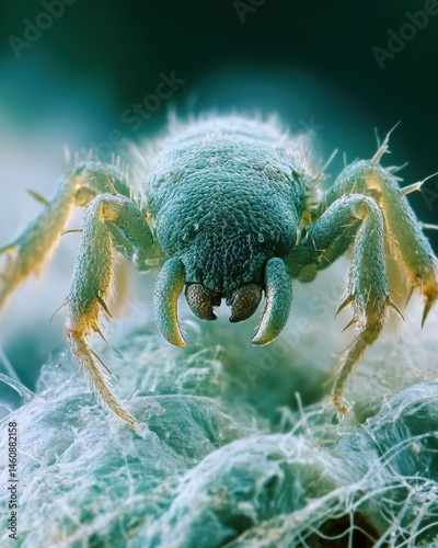 Extreme macro shot of a pseudoscorpion crawling on a textured surface, detailed view of tiny arachnid in natural habitat, vibrant colors and sharp focus photo