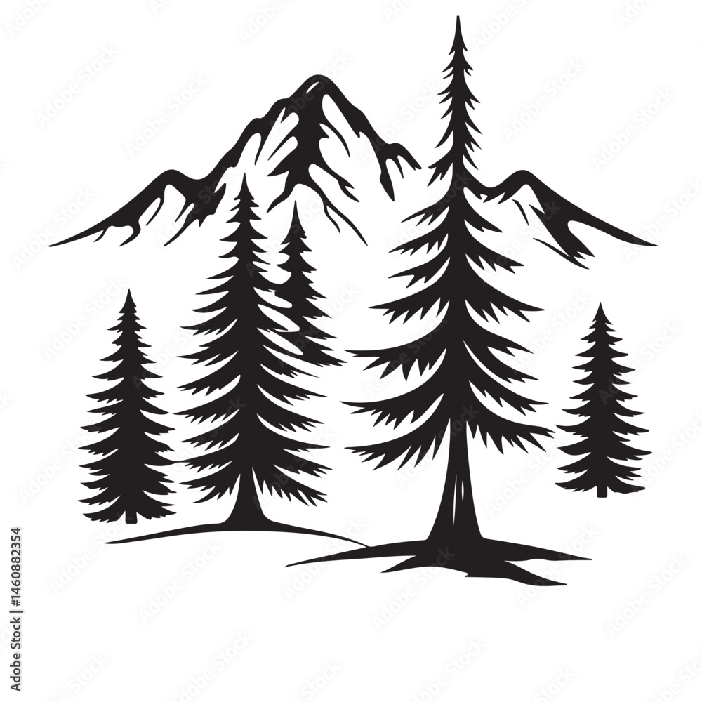Obraz premium black and white color Mountain Landscape with Trees Silhouette