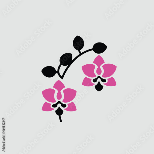 Elegant vector illustration of pink orchid flowers and leaves in minimalist style