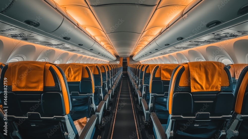 Obraz premium Airplane Interior View Showing Rows of Seats and Overhead Compartments in Warm Lighting Perspective