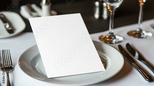 Restaurant Menu Mockup on Table Setting with Plate Glasses and Silverware in Upscale Dining Room Close Up