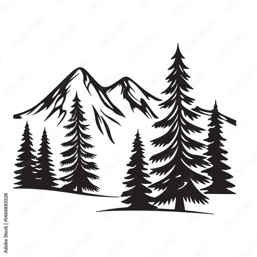 Obraz premium black and white color Mountain Landscape with Trees Silhouette