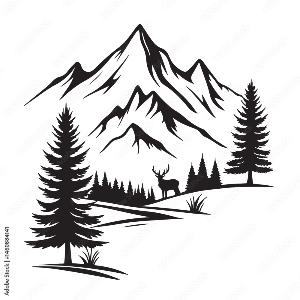 Fototapeta premium black and white color Mountain Landscape with Trees Silhouette