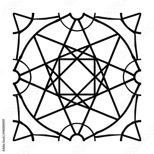 Abstract geometric black and white pattern with intersecting lines and shapes design