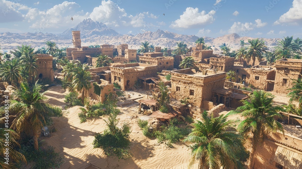 Desert village landscape with ancient structures. Desert village landscape with ancient structures.