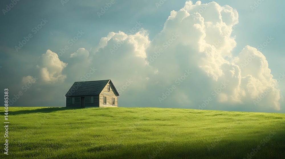 Obraz premium Solitary farmhouse on a verdant, expansive plain under a dramatic sky.