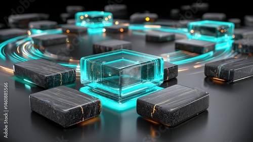 Futuristic Tech  Abstract Glass Cubes  Digital Network  3D Render