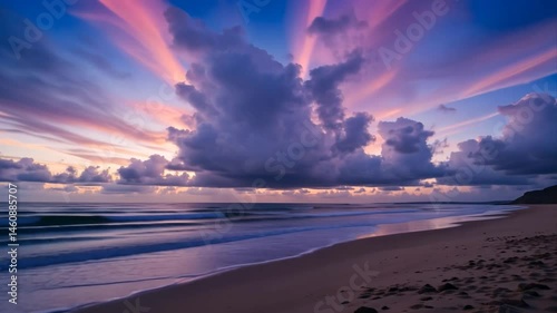 Fast-moving clouds over a peaceful beach at twilight, with soft pink skies, 4K