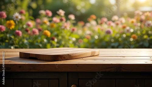 Selective focus. End grain wood counter top with cutting board on blur greeny flower garden in morning with nature light 
