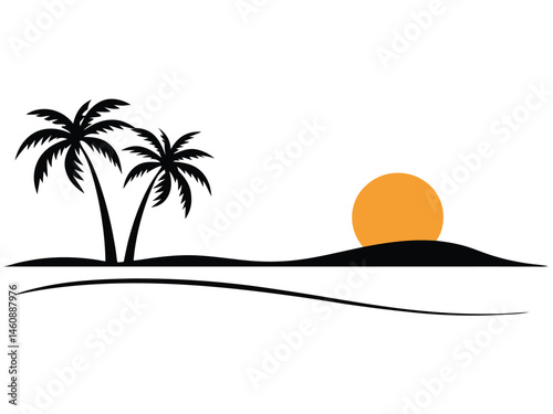 Tropical sunset scene featuring palm trees sun and waves silhouette vector design