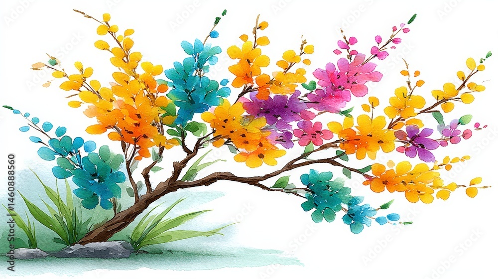 Naklejka premium Vibrant Watercolor Floral Branch Spring Blossom Banner Greeting Card Design