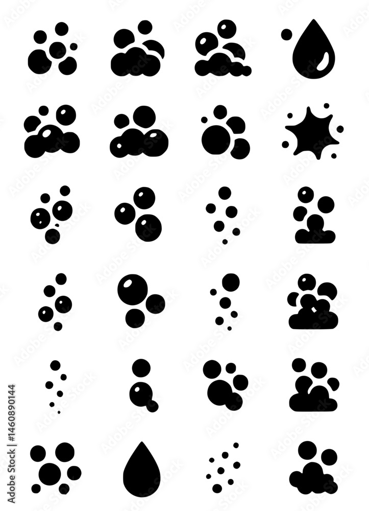 Fototapeta premium Bubble foam icon set. Vector glyph pictograms of water bubbles, sparkle, cleanliness, air movement, effervescent, underwater black silhouette illustration.