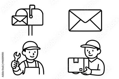 Mailbox installation line icon set. Vector pictograms of decorative paint, professional installer, posthole, waterproof, parcel, secure, sensor, smart, thin linear illustration.
