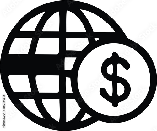 This global business concept features a sphere icon with a dollar symbol inside, representing worldwide currency and money