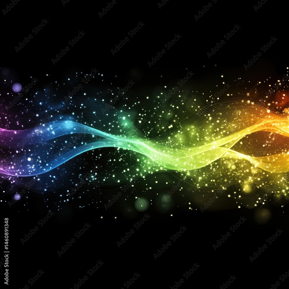 Fototapeta premium Abstract rainbow waves flow with light particles on black background studio shot graphic design element