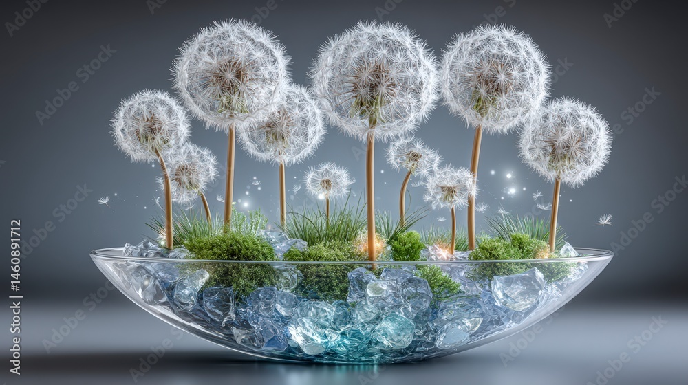 Miniature Dandelion Planet in Glass Bowl 3D Render Minimalist Nature Scene Seeds Spri