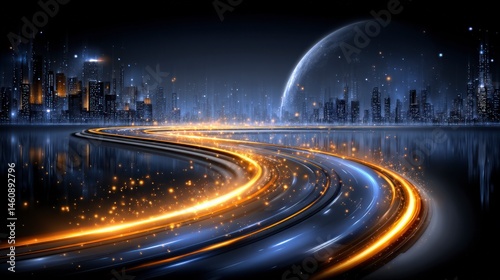 Futuristic Cityscape  Glowing Highway  Night Lights  Speed  Abstract  Motion Blur