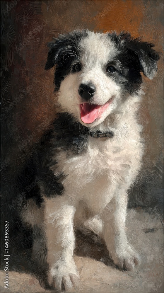 Fototapeta premium A charming puppy, seated, exhibits playful expression.