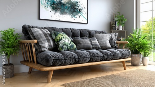 Obraz na płótnie Modern Living Room Interior Design Cozy Sofa Plants Decor w salonie