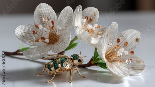 Obraz na płótnie Elegant Gold Bee on Delicate White Flowers Nature Inspired Jewelry Photography w salonie
