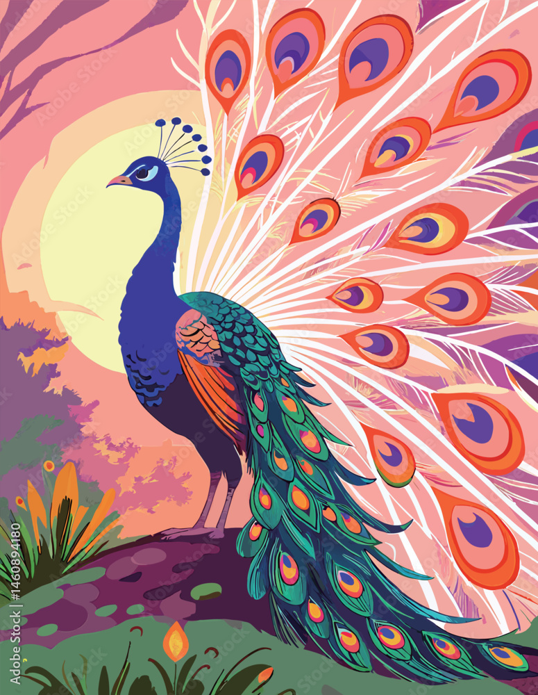 Fototapeta premium Majestic Peacock Displaying Feathers at Sunset