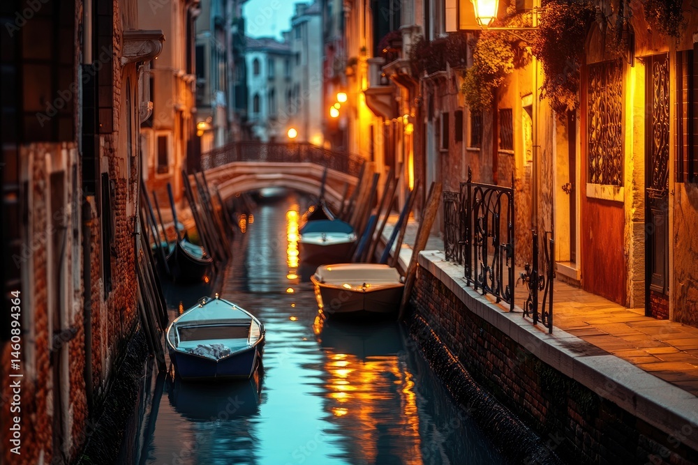 Fototapeta premium Venetian canal at dusk, tranquil scene with moored boats