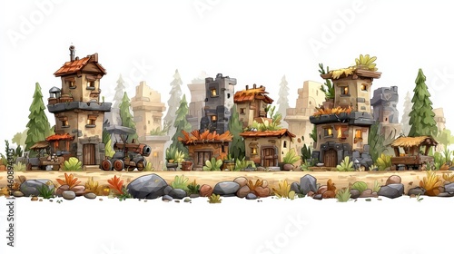 Medieval Village Illustration  Fantasy Cartoon Town  Buildings  Ruins  Border