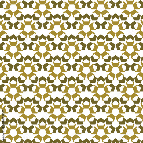 Seamless geometric pattern featuring alternating olive green and mustard pentagon shapes arranged in a honeycomb-like structure on a white background, creating a bold and modern visual effect.