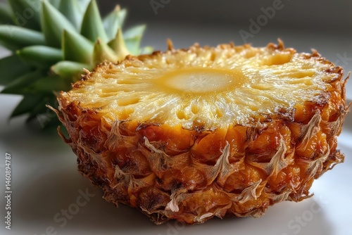 Sliced Pineapple: A close-up of a juicy pineapple slice reveals its vibrant, natural textures and colors, ready to tantalize taste buds.