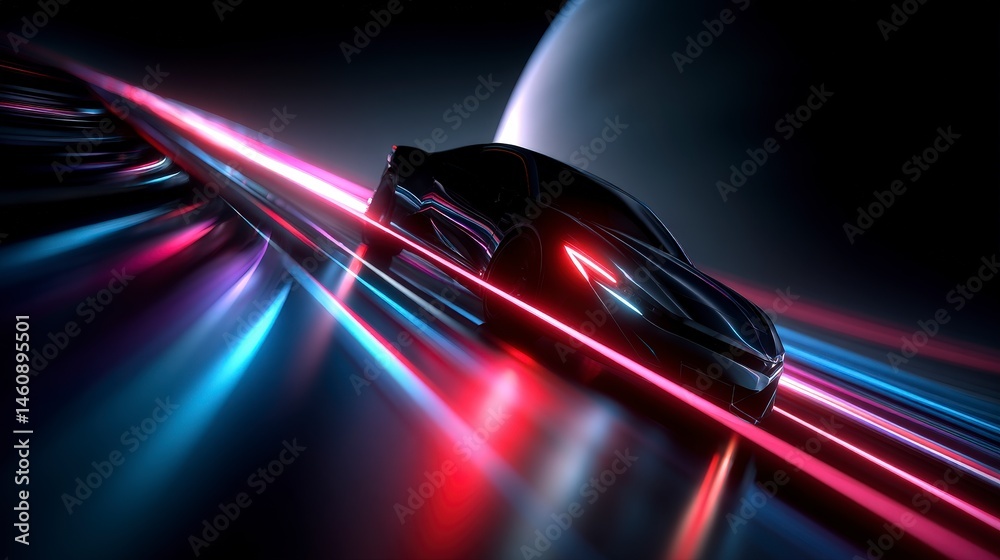 Futuristic Sports Car Speeding Neon Lights Night Drive