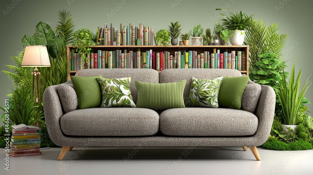 Modern Living Room Green Sofa Plants Bookshelf Minimalist Interior Design