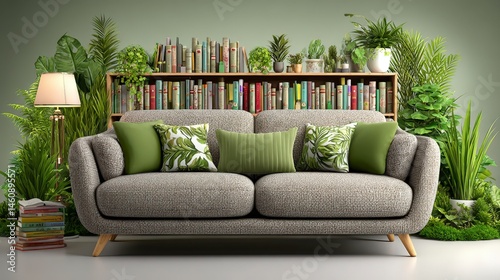 Modern Living Room  Green Sofa  Plants  Bookshelf  Minimalist Interior Design