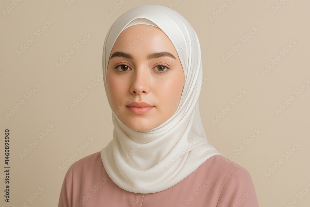 Elegant portrait of Malay Muslim woman in white hijab and soft lighting