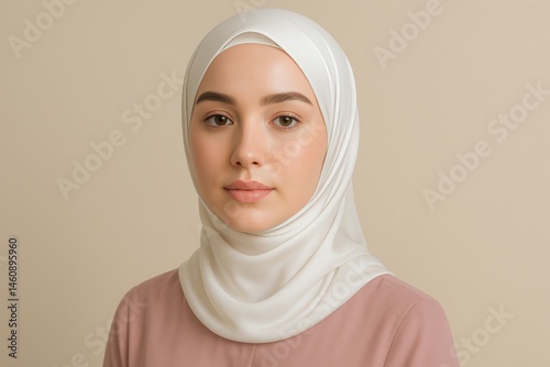 Obraz na płótnie Elegant portrait of Malay Muslim woman in white hijab and soft lighting w salonie