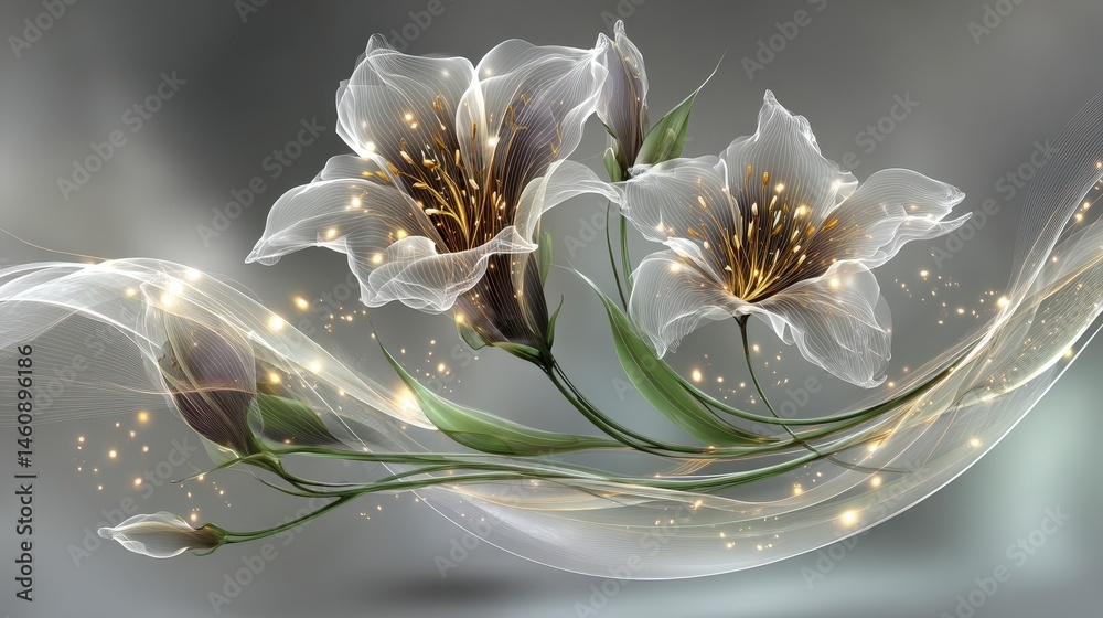 Elegant Minimalist Floral Design Glowing Flowers Gray Background Copy Space