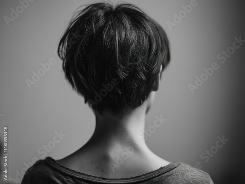Close-up view of a person's short, textured hairstyle.