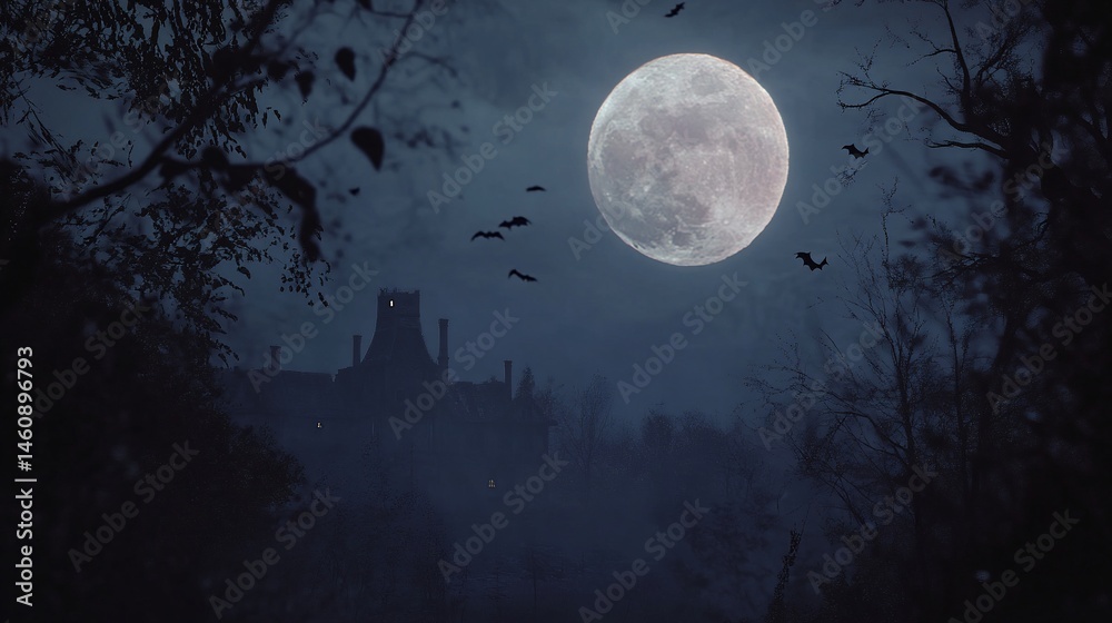 Fototapeta premium Eerie mansion under a full moon, bats fly