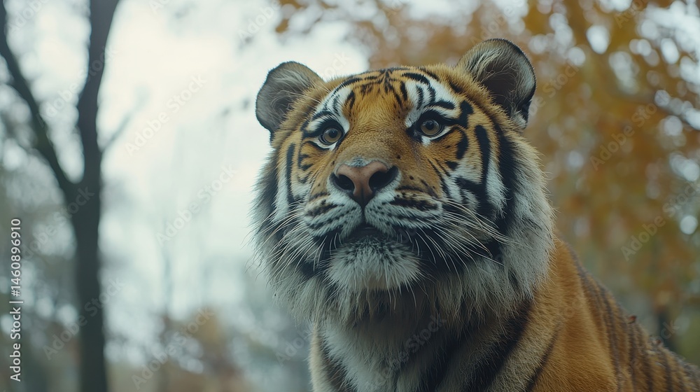 Obraz premium Majestic Tiger Portrait Close Up in Autumnal Setting Looking Upward with Soft Focus Background