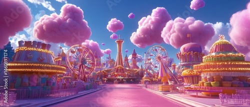 whimsical candy fair where rides are shaped like sweets and glowing cotton candy clouds float overhead, Generative AI