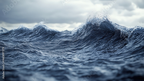 Realistic 4K side angle illustration showing a 3D background with immense ocean waves crashing under a cloudy sky creating a dramatic scene of nature's power.