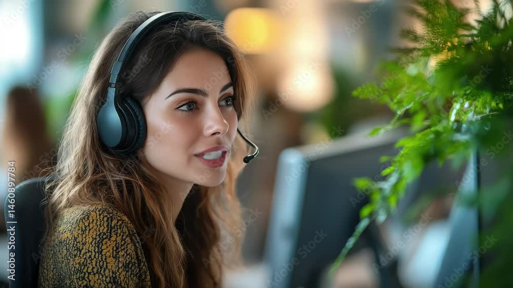 Woman wearing headphones and smiling. She is sitting in front of a computer. Concept of happiness and relaxation